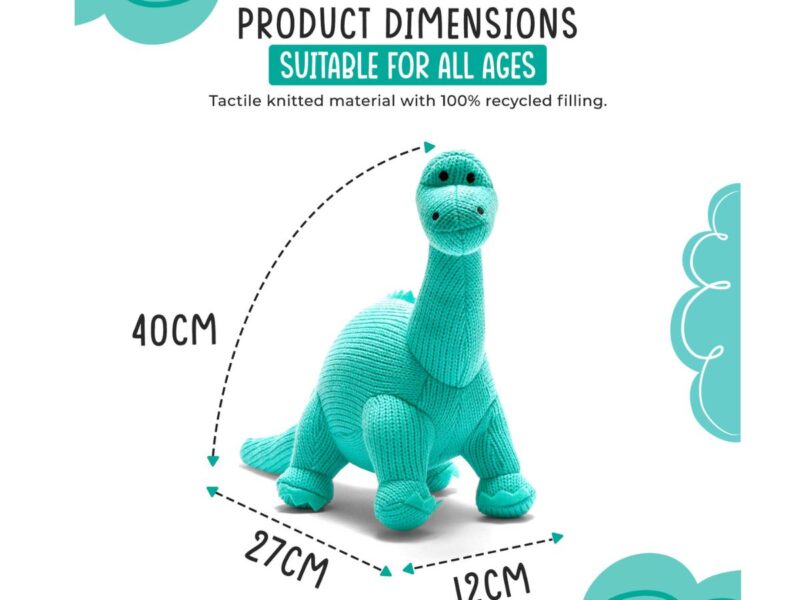 Knitted Diplodocus Dinosaur Plush Toy Ice Blue - Best Years 3